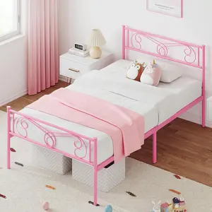 Pink Twin Size Metal Bed Frame with Storage Organization, Vintage Pattern Headboard and Footboard, Durable Steel Tubing & Strong Steel Slats Mattress Foundation, Reinforced Legs, Rubber Pads, Easy Assembly