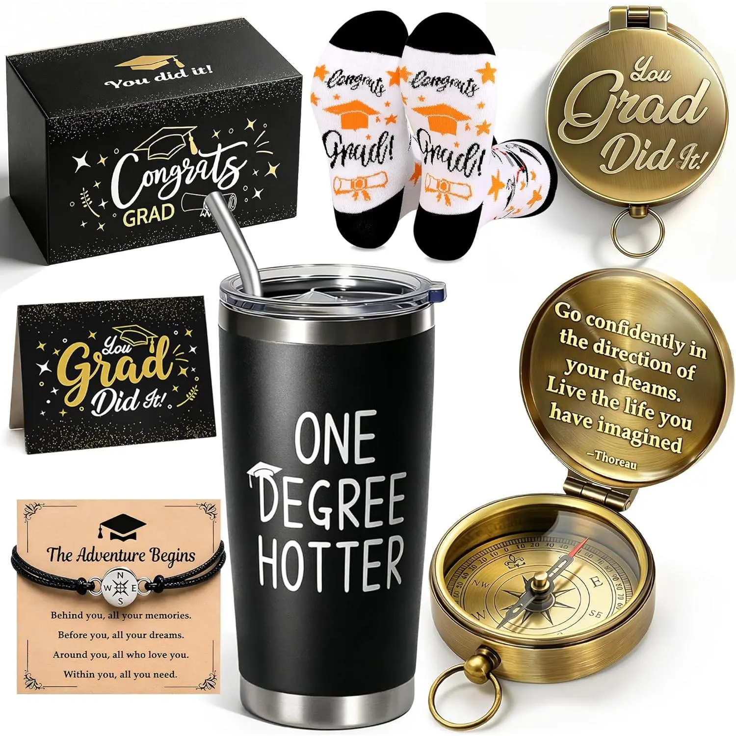 2026 Graduation Gifts, Class of 2026 Gifts for Him, College & High School Graduation Gifts Box with Compass Tumbler Bracelet Socks Thanks Card for Graduates Gifts