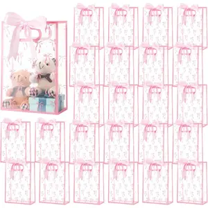 24-Piece Set of Transparent Pink Playful Bow Plastic Gift Bags with Die-Cut Handle Flower Design Reusable PP Material Gift Bags with Ribbon Accents Ideal for Mother's Day, Baby Showers, Weddings, Birthday Tea Parties, and Other Gifting Occasions
