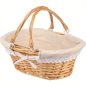 [Willow Wicker Basket] Elegant Willow Wicker Picnic Basket |   Durable Plastic Frame, Lightweight, Floral Liner And Decorative Handles - Ideal for Weddings, Gatherings, And Gift Presentations Non-Food Direct Contact