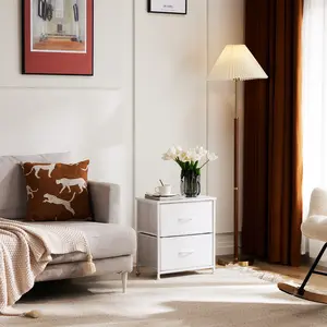 White Nightstand with 2 Drawers & Fabric Bins - Small Dresser for Bedroom, Bedside Table, College Dorm, or Dormitory Furniture