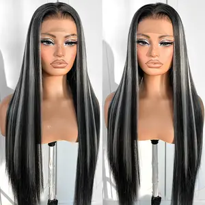 MITIMES  Lace Front Wig T-Part Perfect Middle Part Pre-Plucked Highlights Straight HD Lace Wig  Black And White Highlight Synthetic Grey HD 32inch