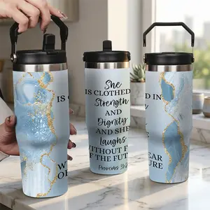 Inspirational Christian Gifts for Women, Insulated Tumbler with Straw, Blue Gold Agate Scripture Coffee Mug, Proverbs 31:25 Religious Gift for Mother, Sister, Friend