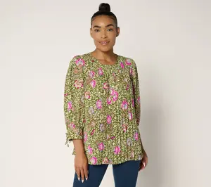 GRAVER Susan Graver Printed Pleated Woven Blouse w/ 3/4 Tie Sleeves