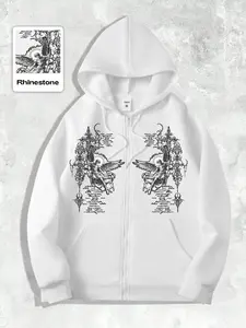 Men's Angel Graphic Zipper Knit Long Sleeve Hoodie, Casual Street Wear Style Fitted Sweatshirt, Perfect for Fall & Winter Fashion, New Arrival