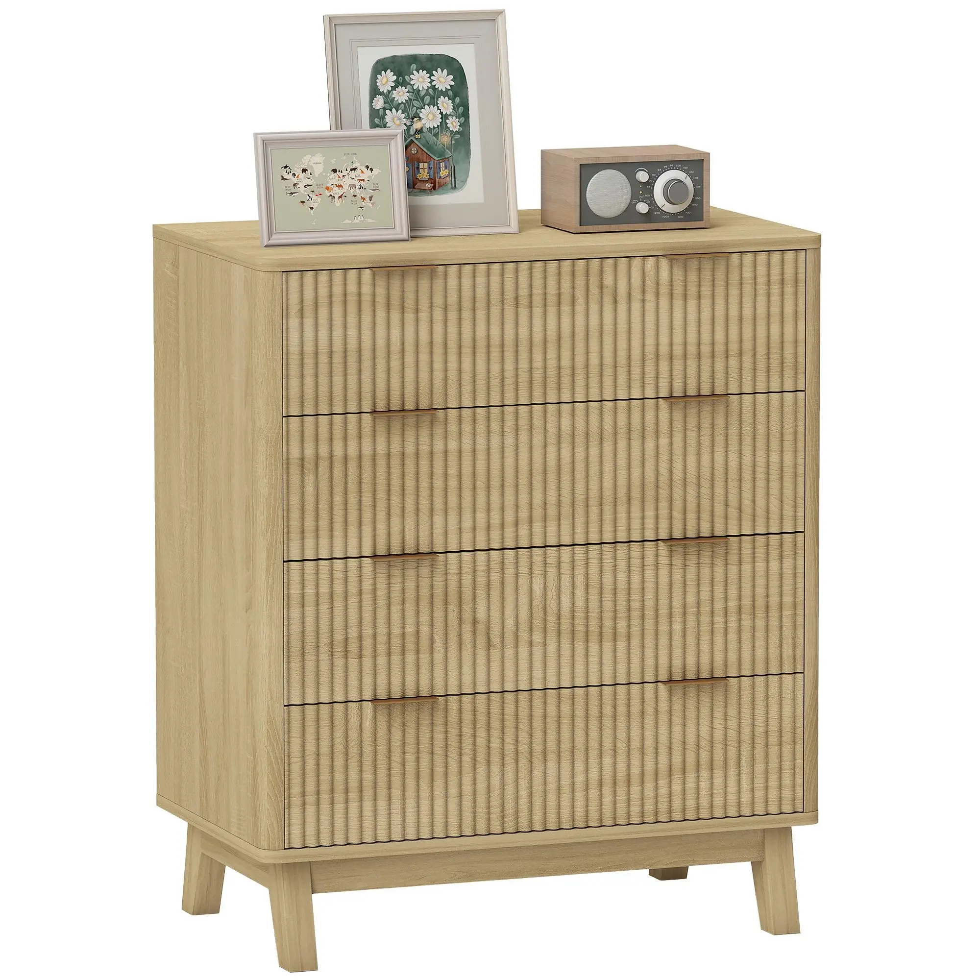 HOMCOM Modern Bedside Table Cabinet - 27.6" W x 15.7" D x 32.7" H White Fluted 4-Drawer Storage Chest with Gold Finger Pulls, 4 Wood Legs, 4.5" Clearance, Anti-Tipping Straps for Bedrooms (Modern End Cabinet)