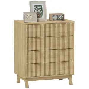 HOMCOM Fluted Dresser for Bedroom with 4 Drawers, 28" Wide Chest of Drawers with Gold Finger Pulls and 4 Wood Legs, White