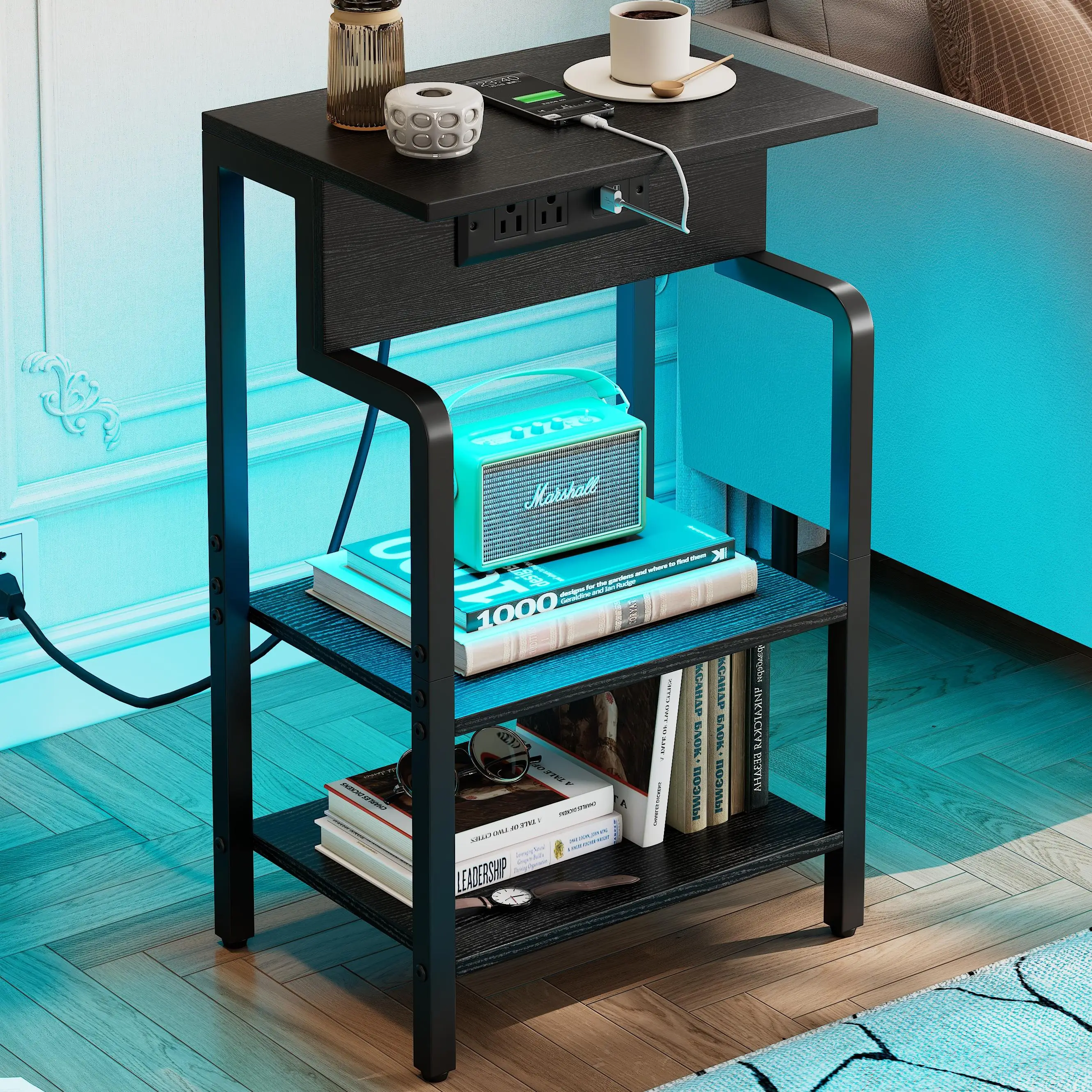 Side Table, LED End Table with Charger Station, Small Bedside Table with Adjustable Shelf, Nightstand with 3-Tier Storage Shelves, Small End Table for