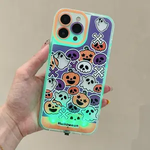 Halloween Theme Pumpkin Ghost Cartoon Protective Phone Case, Sound Control Glowing, Couple Style, Fits iPhone X/XR/XS MAX/11/12/13/14/15/16/17 Pro/Plus/Pro Max