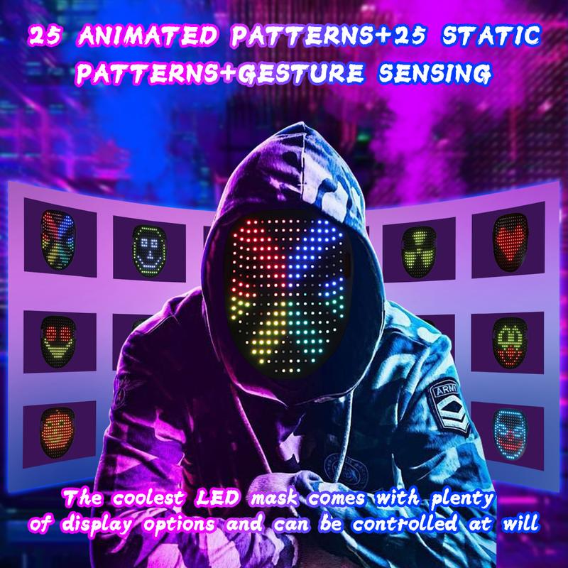 LED Mask, Light Up Mask with Gesture Sensing, Unisex LED Halloween Mask with 50 Patterns Glow, Costume Cosplay Party Masquerade, Halloween Gift