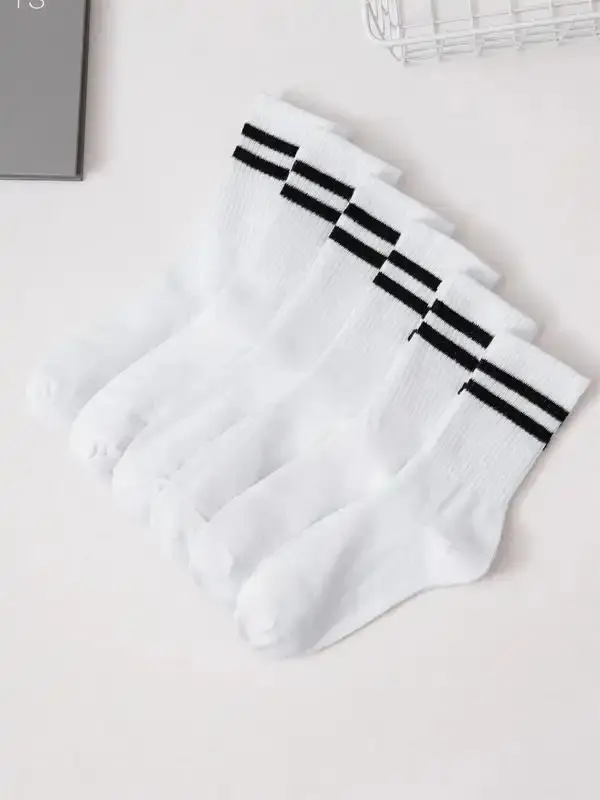 Women's 6 Pairs Striped Print Crew Socks, Comfy Breathable Soft Cozy Mid Calf Socks for Gym Daily, Women's Socks & Hosiery, Back To School Clothes, Versatile Street Style Womenswear, Summer Wear 2024, Workwear for Women, Quarter Socks