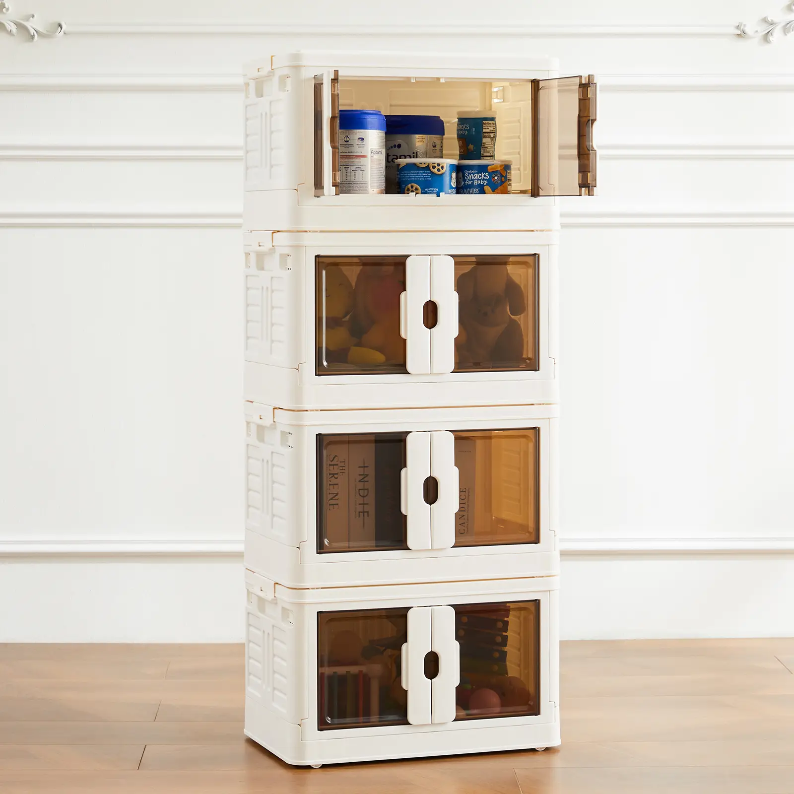 Stackable Plastic Storage Bins with Lid - 23QT Foldable Organizers and Storage with Magnetic Doors & Lockable Wheels, Collapsible Storage Boxes