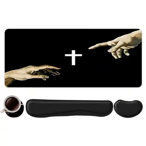 4pcs Creation of Adam Art Design Mouse Pad + Keyboard Wrist Rest + Ergonomic Mouse Pad + Coaster Set, Office Accessories Set with Ergonomic Wrist Support, Computer Mat for Desktop Decoration, Suitable for Home Office Gaming