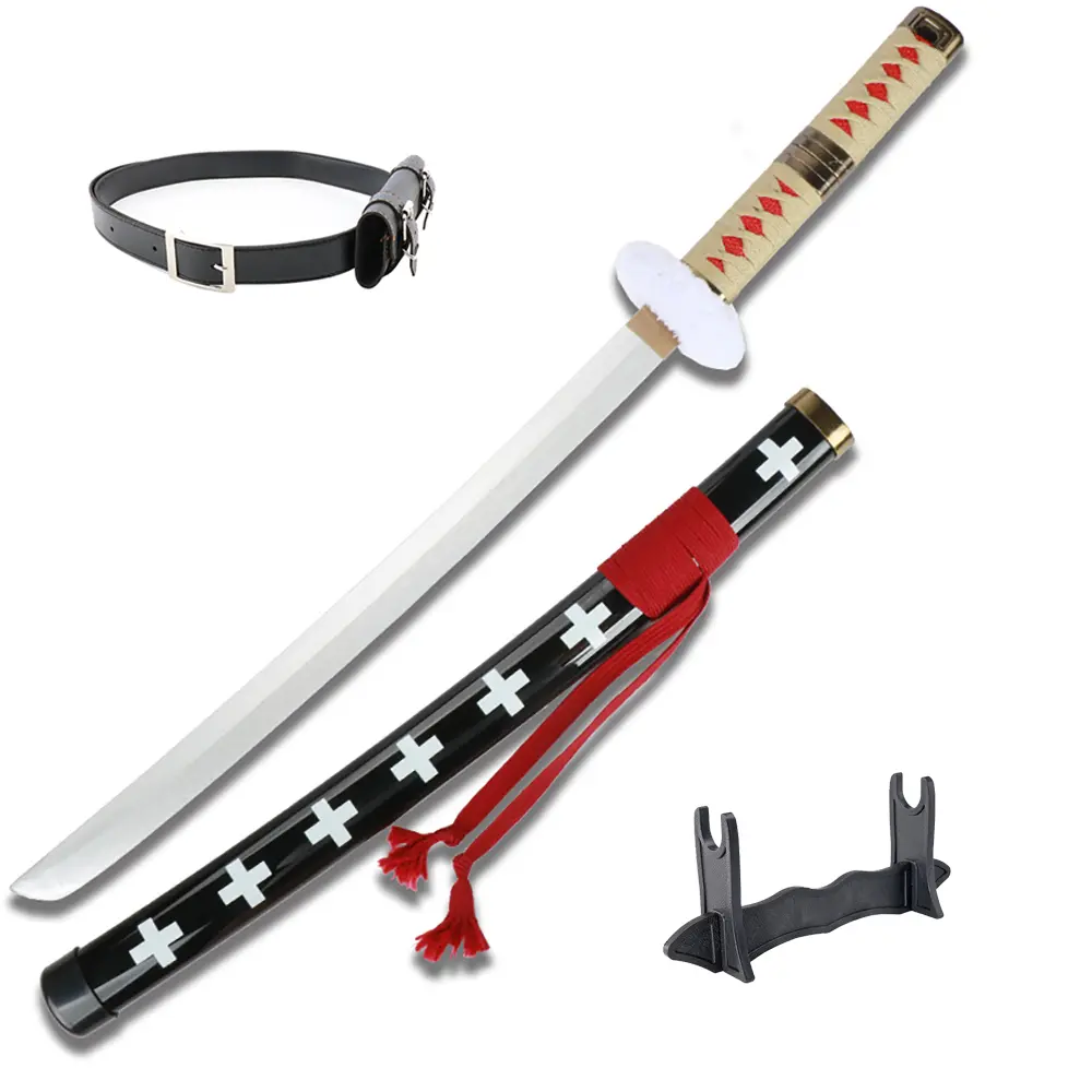 ELERVINO 31-in Bamboo Wooden Anime Sword Set, Roronoa Zoro & Trafalgar Law Cosplay Props with Black Belt, Holder Stand Display, Ages 12+, for Halloween Role Playing, Collection, Christmas/Birthday Gifts
