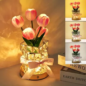 Tulip Flower Lamp,Rechargeable Cordless Touch Bedside LED Flowers Night Light for Women's Bedroom,3-Colour Stepless Dimming Crystal Tulip Table Lamp,Birthday Gifts for Women Mom Wife Home Decor