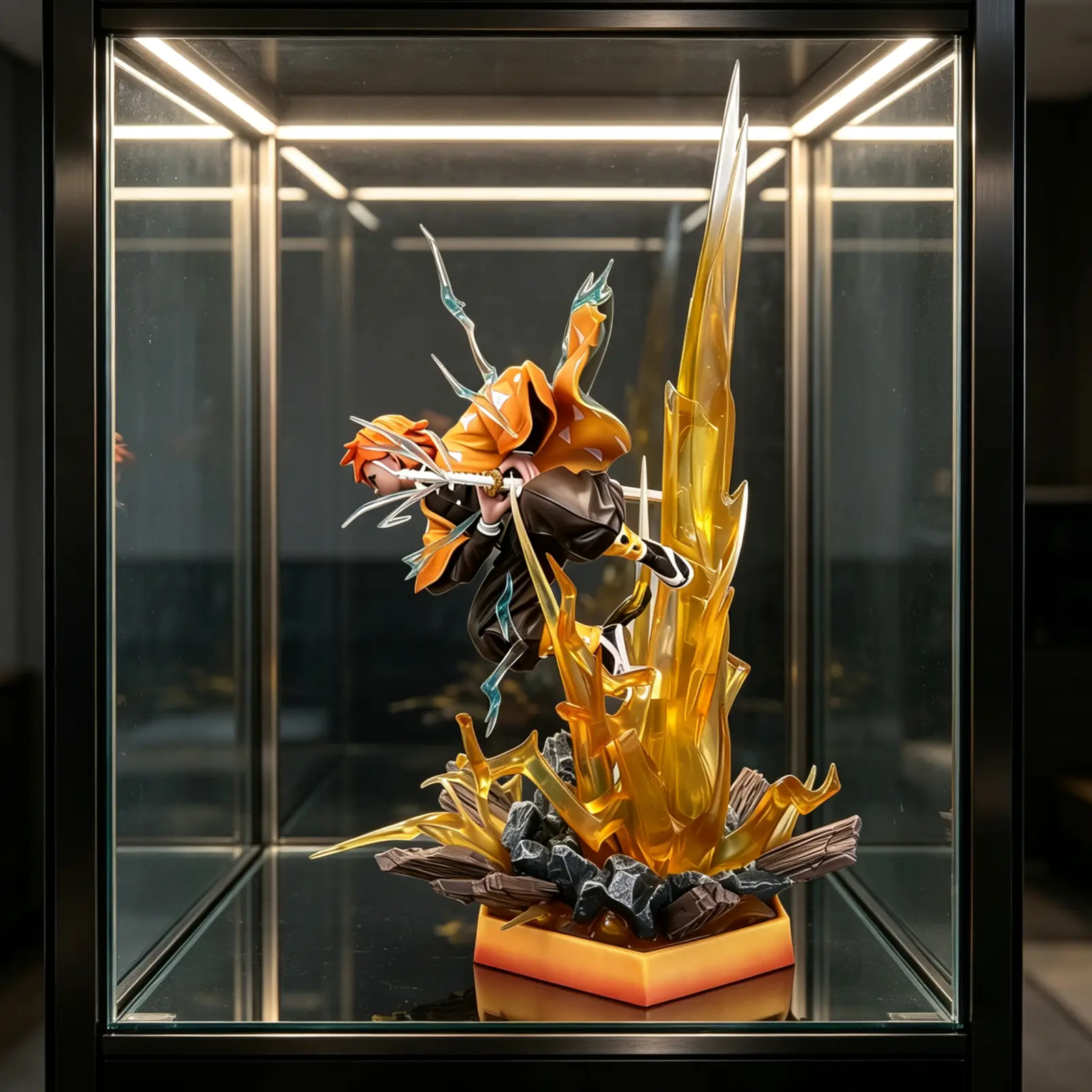 (DS KNY) Demon Slayer Agatsuma Zenitsu Figure - Thunder Breathing GK Modified PVC Statue with LED Lightning Effects, Cracked Rock Base, Replaceable Faces | Collectible Anime Desktop Decor Gift for Manga Fans