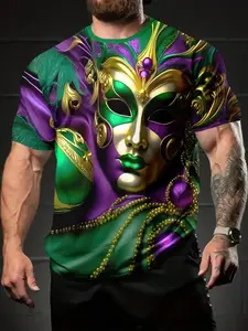 Men's 3D Venice Carnival Mask Print Fitted T-Shirt, Bright Gold Mardi Gras Design, Breathable Short Sleeve Summer Top