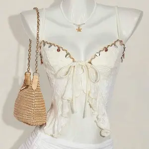 Kailani Top - Cream Lace Coastal Summer Top with Open Belly Front Ties & Beaded Shell Detailing for Women's Fashion