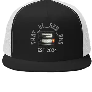 That_ol_red_obs Trucker Cap - Black with Graphic Text, Mesh Back, and White Strap, Est. 2024