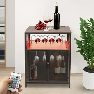 Industrial Vintage Style Free Standing Wine Rack Table with RGB Lights, Built in Power Outlet, Liquor Cabinet with Glass Holder, US Standard Plug, 23.6x13.6x31in, 110V