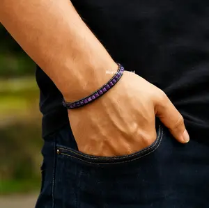Premium Men Amethyst Hematite Ladder Leather Bracelet Vintage Protection Jewelry