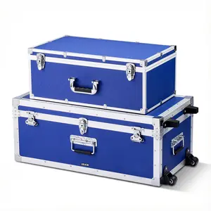 VEVOR Metal Storage Trunk, Set of 2, Wooden Suitcase Storage Boxes with Padlocks, Large Trunk Includes Casters and 3 Metal Handles, Decorative Store Chest with Lids for Travel, Apartment, Dorm, Blue