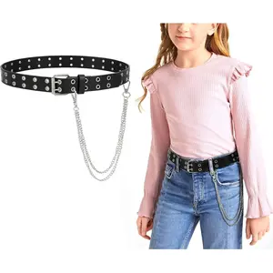 P-BLT03   Kids Double Grommet Belt for Girls and Boys, PU Leather Kids Double Studded Holes Belt for Jeans Pants