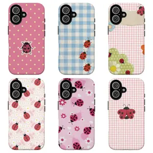 FL-Whimsical Ladybug Print Phone Case,Pink & Blue Gingham Star & Floral Aesthetic Protective Cover For iPhone 11 12 13 14 15 16 17 Air Pro Max for Samsung S26 S25 S24 S23 S22 S21 Case,Gift for her/him