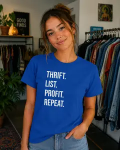 “Thrift. List. Profit. Repeat.” Funny Reseller Graphic Tee Thrifting Seller Shirt Gag Gift Unisex Soft Casual T-Shirt