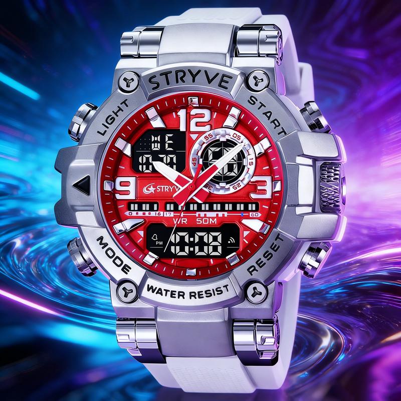 Men's Colorful Punk Style Quartz Watch  Multi-Functional Water Resistant Dual Display Wristwatch Trendy Fashion Sport Watch, Birthday Gift with Tin Box