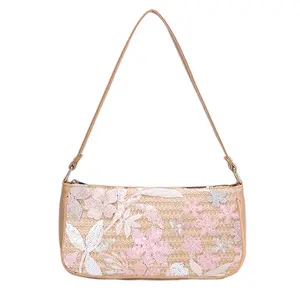 Women's Shoulder Bag with Sequin Embroidery, Floral Pattern PU Leather Handbag with Zipper Closure and Inner Pocket, Stylish Medium Tote Purse