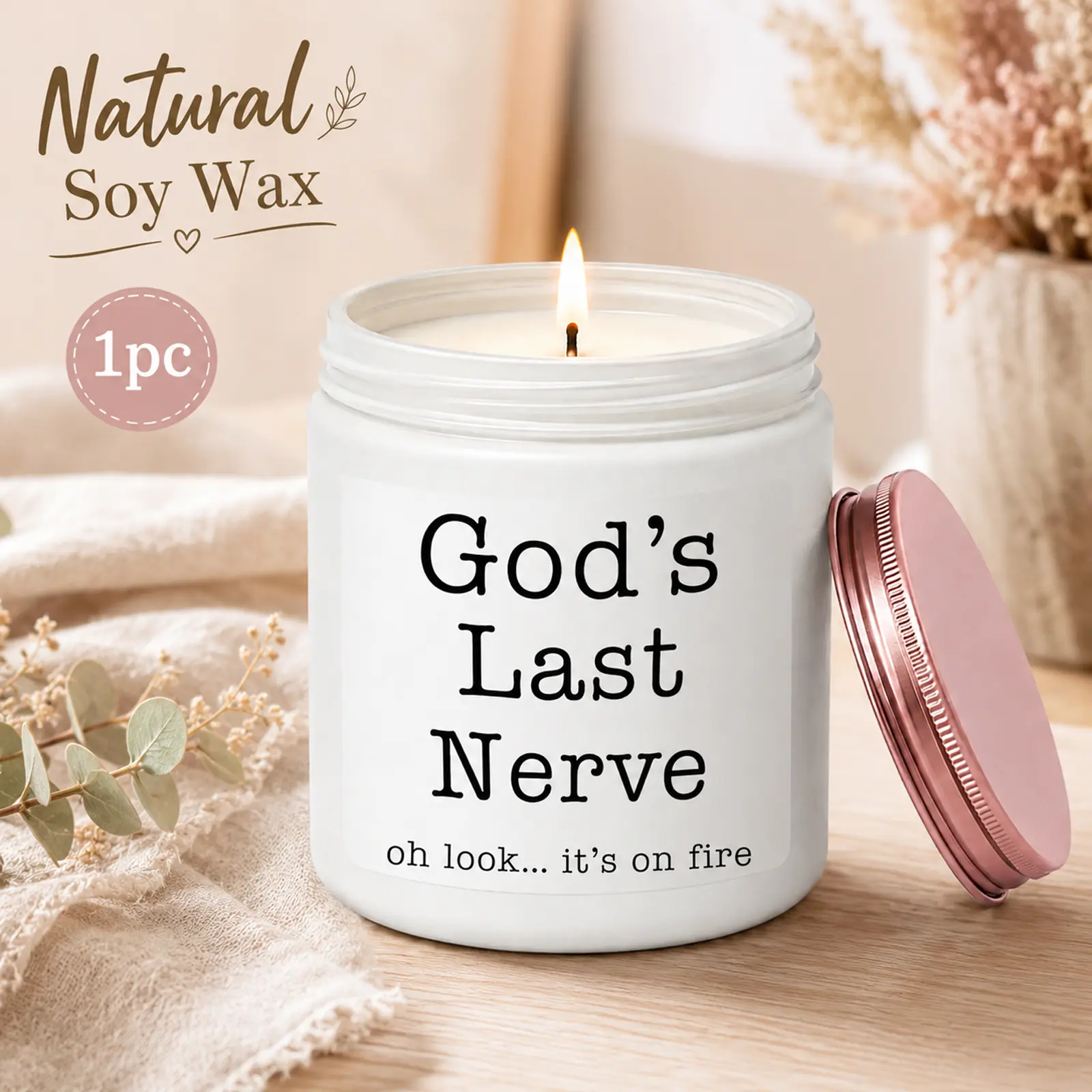 1Pc Handmade Soy Candle - Funny God’s Last Nerve Scented, Natural Soy Wax Home Fragrance, Religious Humor Gift for Believers, Back to School Juneteenth Carnival Casual Preppy Occasion Present, Hand Poured Decor, Deodorant