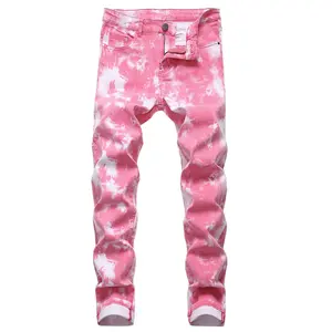 Men's slim-fit stretch jeans with pink print