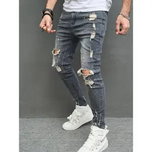 Men’s Ink-Splatter Print Ripped Knee Skinny Jeans, Fashion Casual Pocket Design Graphic Denim Pants for Daily Outdoor Wear, Men’s Bottoms for All Seasons, Cotton, Menswear, Streetwear, Ripped Distressed Denim