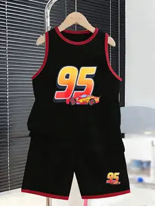 Race Car Cartoon Print Boys' Sleeveless Set, Perfect for Parties, School Wear, Daily Outing, Classic Race Design, Trendy and Stylish