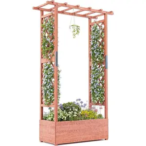 Gaomon 43"x17"x72" Raised Wooden Planter Box with Trellis - Elevated Garden Bed with Side Supports, Canopy, Drainage Holes, Climbing Plant Ideal for Vines, Blossoms