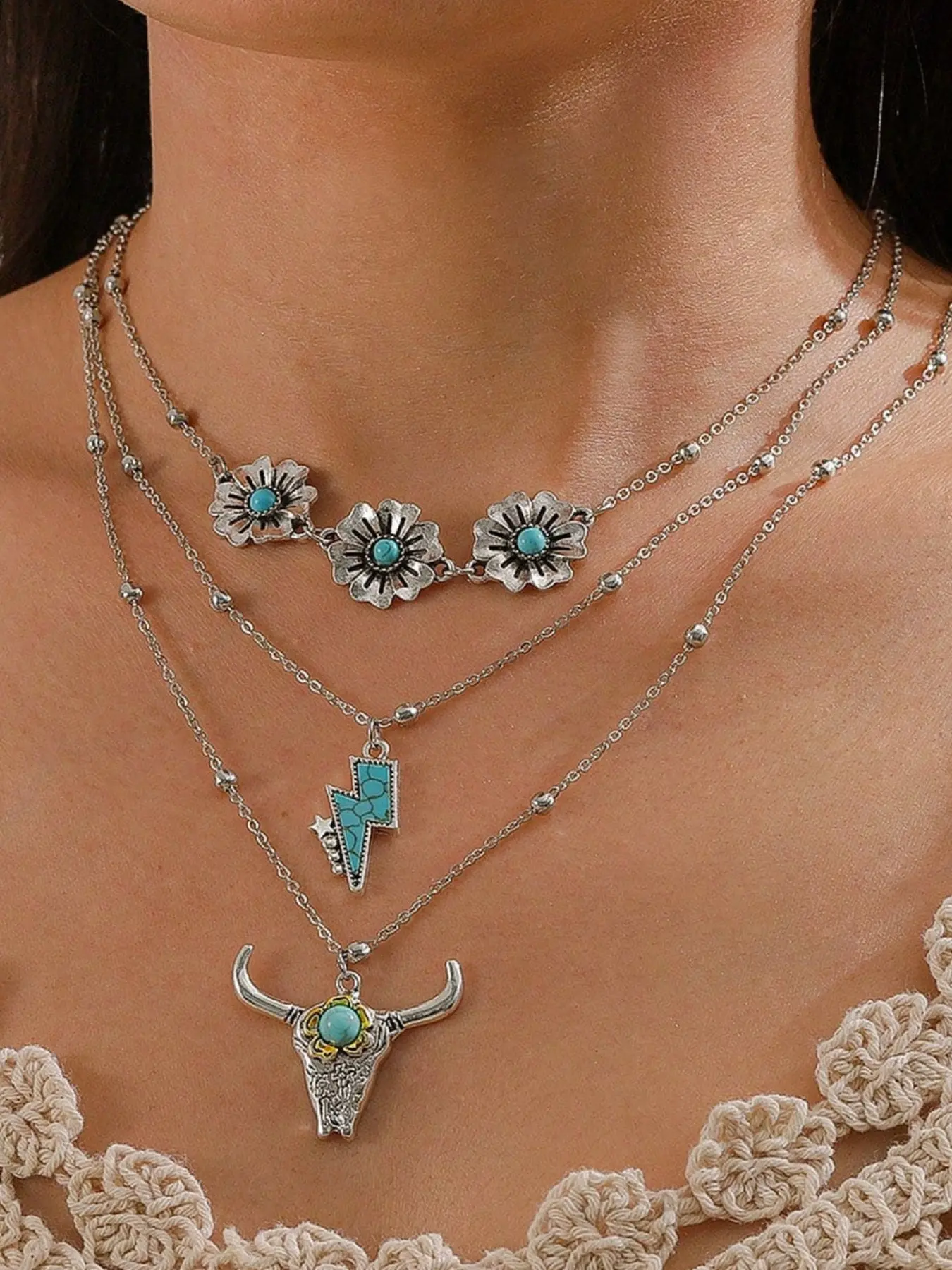 3 Pcs/set Women's Turquoise Western Cowboy Vintage Charm Necklaces Set, Boho Style Costume Jewelry Alloy Necklace, Multi-Element Pendant Jewelry Gift for Women & Girls, Party Style Accessories