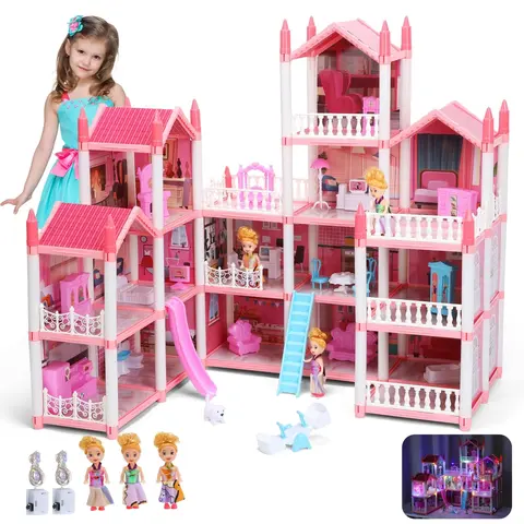 CUTE STONE Plastic Large 16-Room Pretend Playhouse Dollhouse for Kid Girl Gifts, Pink Princess Miniature House with Colorful Lights, Furniture, Accessories & 3 Dolls, Role Play Toy for 3-4 Years+ Kids