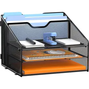 Mesh desk file organizer letter tray with 3 paper trays and 2 vertical upright sections, blank.