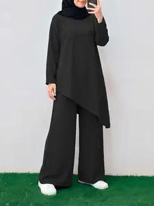 Women's Solid Color Loose Fit Long Sleeve Top + Wide Leg Pants Set, Casual Mid Waist H-Type, Spring & Fall Fashion Two Piece Set Women