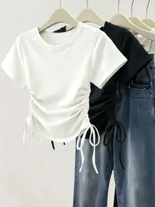 Women's Pleated Adjustable Drawstring Basic Aesthetic T-Shirt Set, Casual Short Sleeve Round Neck Home Top, Slim Fit Solid Color Daily Wear T-Shirts