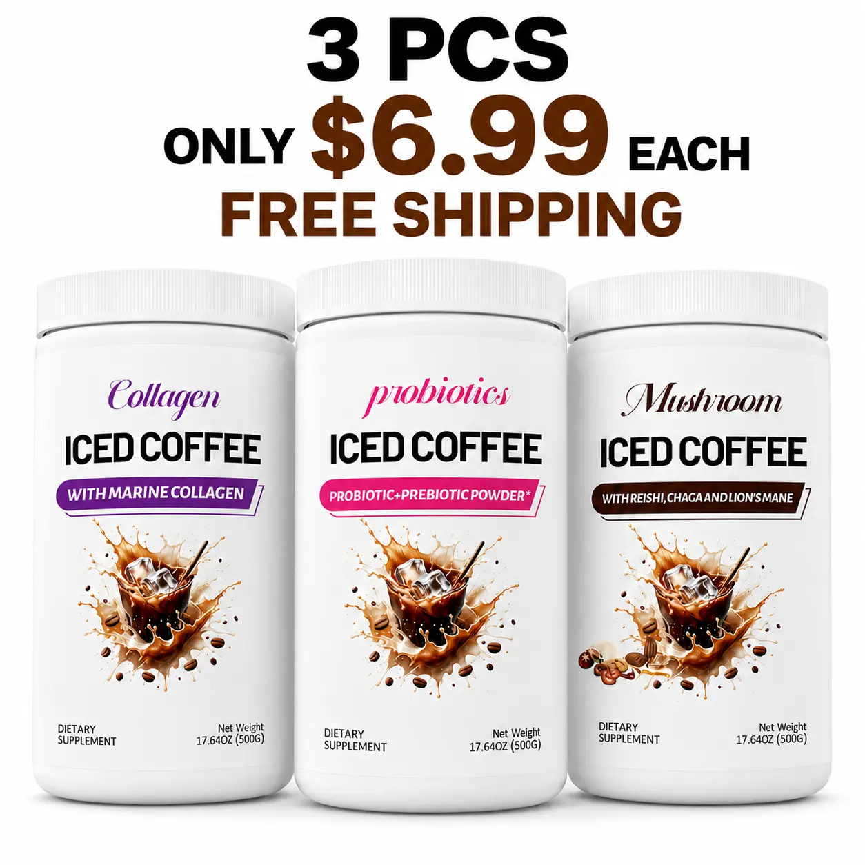 3 Pack Iced Coffee Bundle - (1 Collagen Coffee, 1 Mushroom Coffee, 1 Probiotics Coffee) - 500g