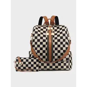 Checkerboard Pattern Checkered Print Backpack Set, Women'S Fashionable Vintage Trendy Casual Durable Lightweight Large Capacity Zipper Travel Backpack & Wristlet, Multifunctional Bag Set For Daily Use