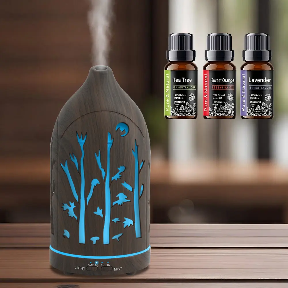 200ml Essential Oil Diffuser with 3 Oils – 7 Color LED Lights, Auto Shut-Off, Ultrasonic & Quiet Mist for Bedroom Gift