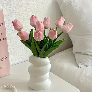 Nordic Chic Spiral Cylindrical Decorative Flower Vase - Lightweight Plastic Flower Stand for Modern Home Decor, Easy to Clean & Durable, Minimalist Design for Pink Tulips & Greenery