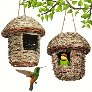 Handcrafted Grass Woven Birdhouse, Outdoor Enclosed Bird Cage with Bird in The Nest, Garden Decor for Outdoor Birds, Great Gift for Nature Lovers