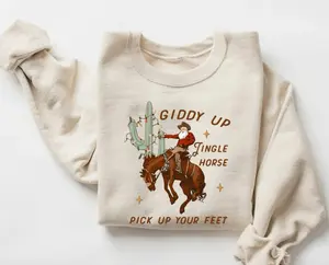 Cowboy Christmas Sweater, Howdy Country Christmas Horse Crewneck Sweatshirt, Giddy Up Jingle Horse Pick Up Your Feet, Christmas Sweatshirt, Cowgirl Christmas Gift Full Size S-4XL