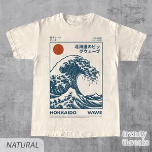 Hokkaido Wave Shirt, Retro Japanese Surf T-Shirt, Ukiyo-e Great Wave Graphic Tee, Vintage Japan Beach Style Cotton Top
