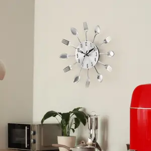 12in Flatware Shaped Wall Clock, 3D Metal Silver Kitchen Wall Clock - Spoon Fork Hands Design, Modern Home/Living Room/Dining Room Decor, Minimalist Wall Clock, Wall Decor, Shipment within 1-2 days