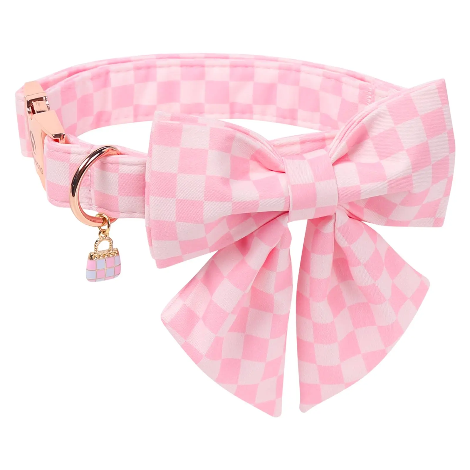 Pink Checkered Dog Collar for Small Girl Dogs - Heavy-Duty Adjustable, Soft Fabric, with Bowtie Charm